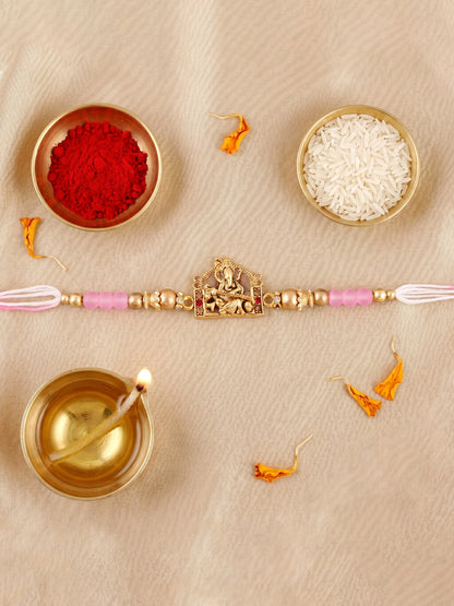 Designer Lord Ganesha Rakhi with Roli Chawal and Greeting Card | Antique Gold Beads Set For Brothers (94-S7R1-EA3601)