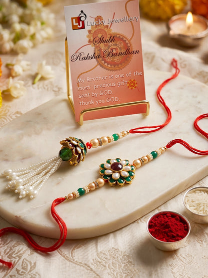 Set of 2 Bhaiya Bhabhi Rakhi Set with Floral Pendant, Maroon Stones & Beads, Tassel Lumba (173-JPCR1-1858-MG-2-2026)