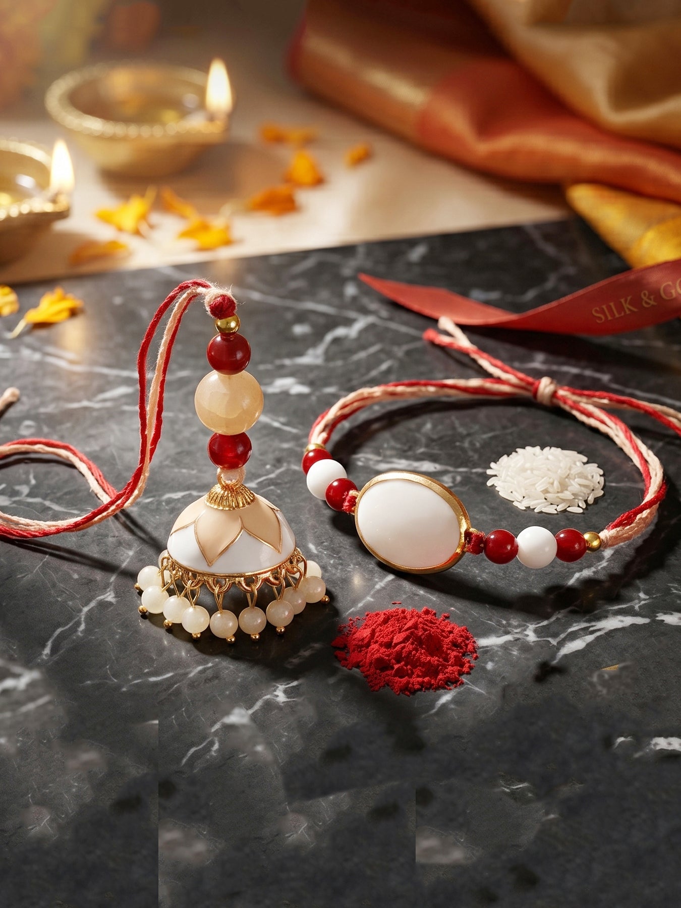 Set of 2 White & Maroon Bhaiya Bhabhi Rakhi Set, Designer Lumba with Beads, Roli, Chawal & Card (265-CHCR1-1151-W-2-2026)