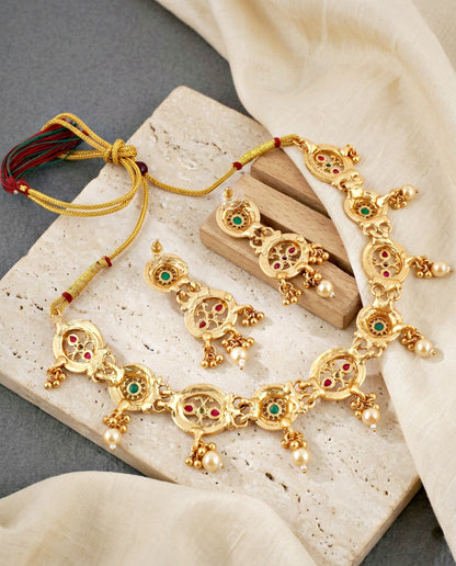 Lucky Jewellery Gold-Plated Meenakari Red & Green Stone Necklace Set (580-G2SR-260-WRG)