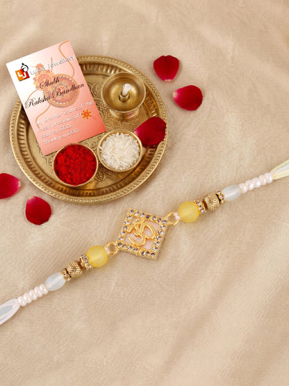 Designer Square Om Rakhi For Brother With Roli Chawal And Card | Gold-Tone Rhinestone Studded Rakhi (100-S7R1-IO3801)