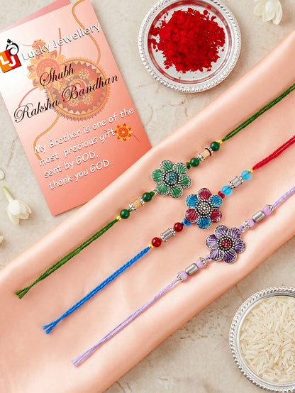 Set of 3 Floral Enamel Rakhi for Brother with Multi & Beads, Roli Chawal & Card (144-CHR1-1967-3-2026)