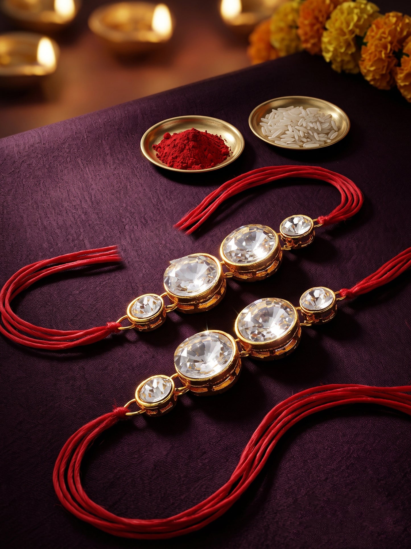 LUCKY JEWELLERY Traditional Rakhi for Brother/Bhaiya – Gold Plated Red Thread Rakshabandhan Rakhie White Stones for Bhai/Bhabhi (Pack of 2) – Fancy Rakhee Bracelet Rakshasutra (152-L1R1-10A-W-2-2026)