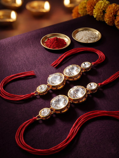 LUCKY JEWELLERY Traditional Rakhi for Brother/Bhaiya – Gold Plated Red Thread Rakshabandhan Rakhie White Stones for Bhai/Bhabhi (Pack of 2) – Fancy Rakhee Bracelet Rakshasutra (152-L1R1-10A-W-2-2026)