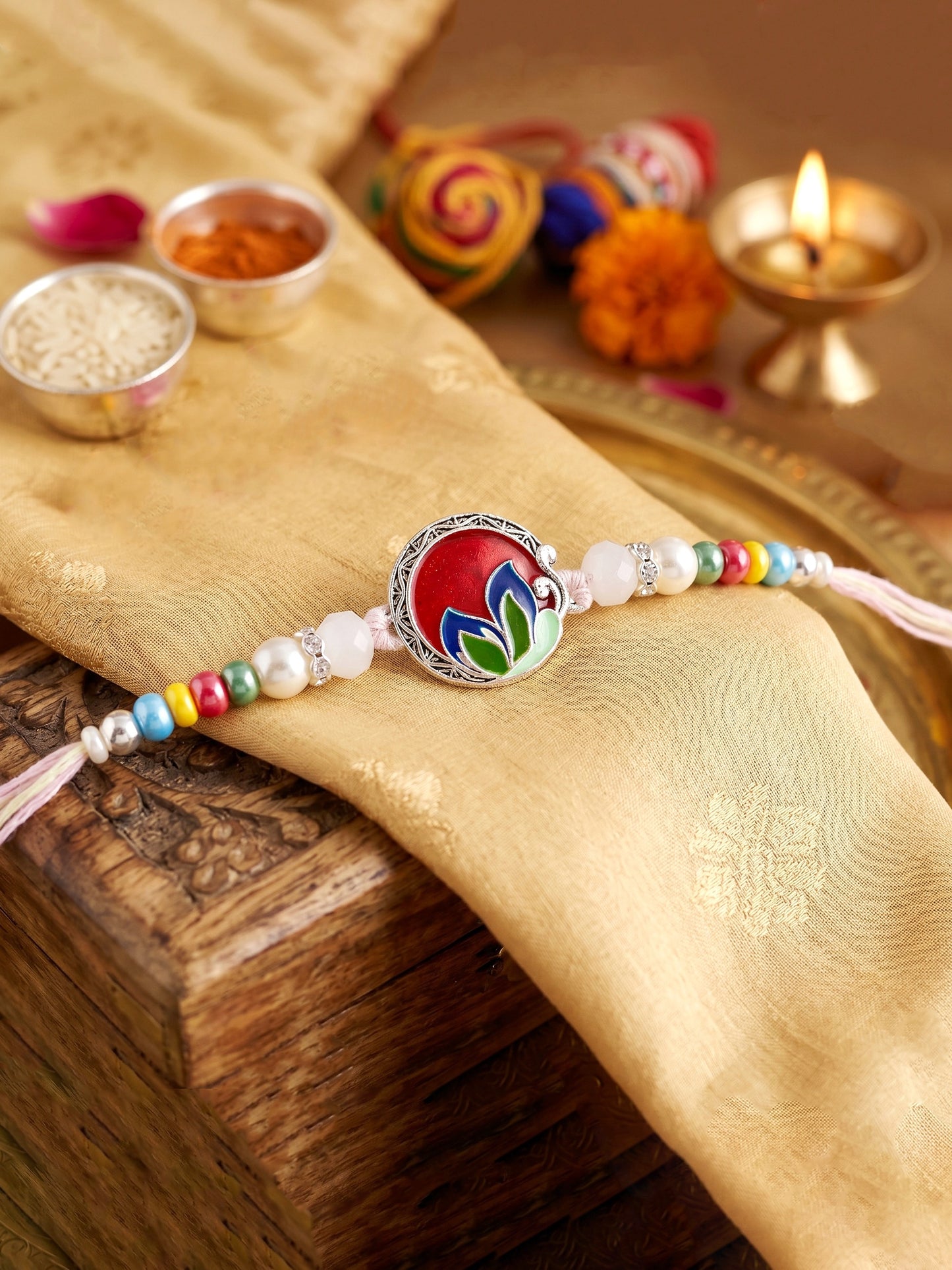 Traditional Meenakari Floral Rakhi For Brother | Silver-Finish Red & Maroon Enamel Beaded Rakhi Set (132-S5R1-AR2772)