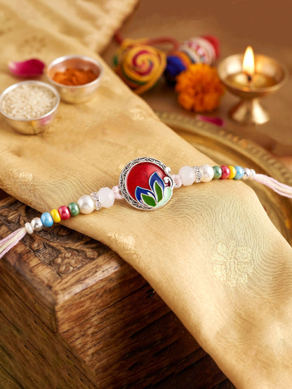 Traditional Meenakari Floral Rakhi For Brother | Silver-Finish Red & Maroon Enamel Beaded Rakhi Set (132-S5R1-AR2772)