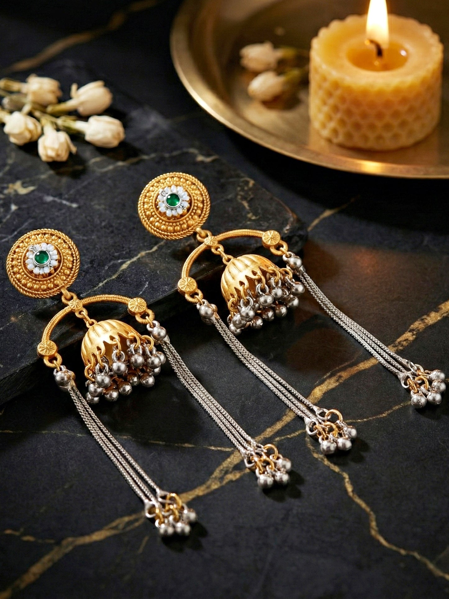 LUCKY JEWELLERY Trendy Celebrity Inspired Oxidised Silver Pink Stone Long Dangler Earrings For Girls & Women | Antique Silver Jhumkee Earing Set | Birthday Gift Earrings Valentine Anniversary Gift