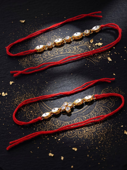 LUCKY JEWELLERY Traditional Rakhi for Brother/Bhaiya – Gold Plated Red Thread Rakshabandhan Rakhie White Stones for Bhai/Bhabhi (Pack of 4) – Fancy Rakhee Bracelet Rakshasutra (149-L1R1-11-W-4-2026)