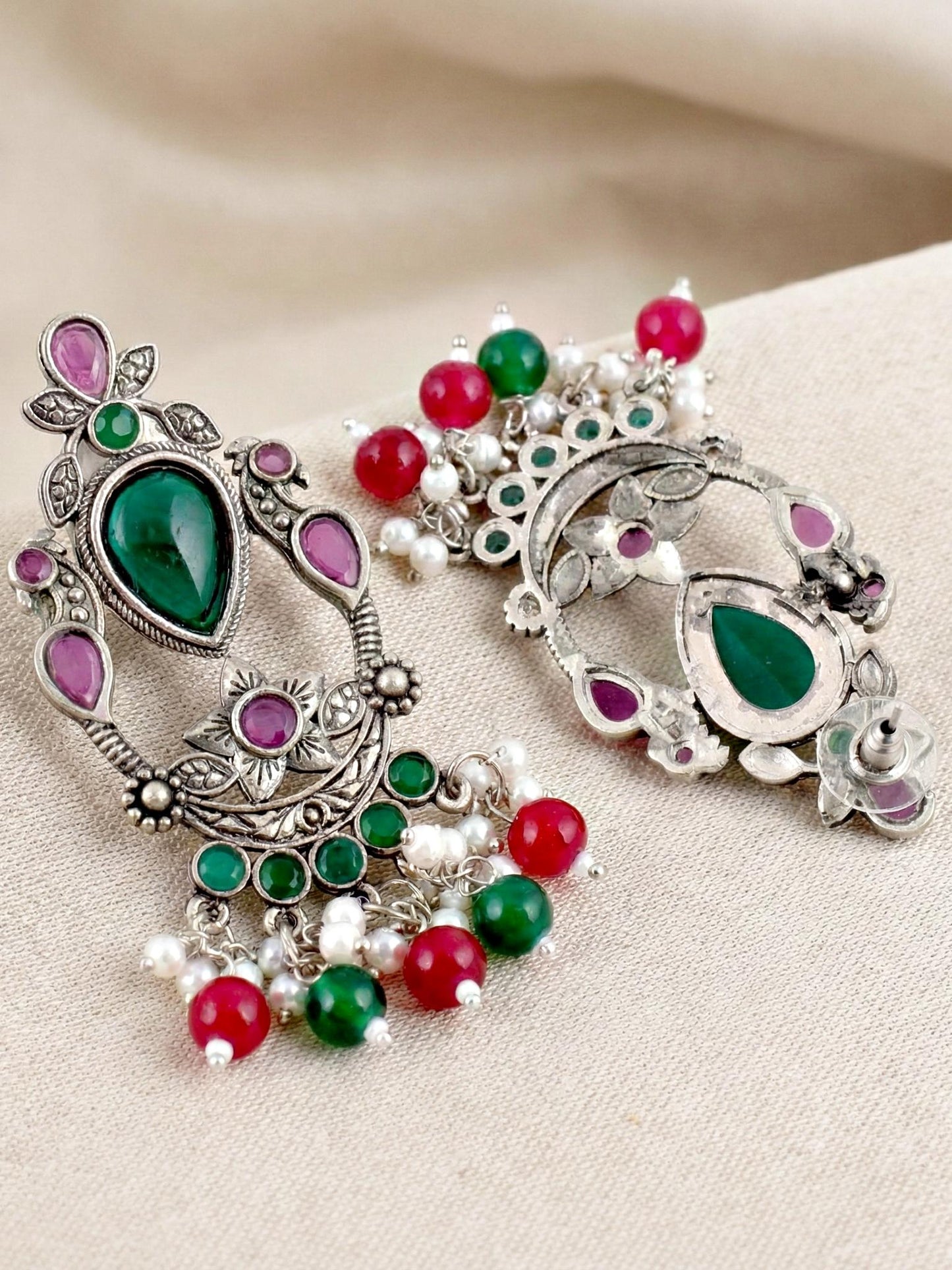 LUCKY JEWELLERY Oxidised  Green Stone Chandelier Earrings with Magenta & Green  (476-KEO-16219-RG)