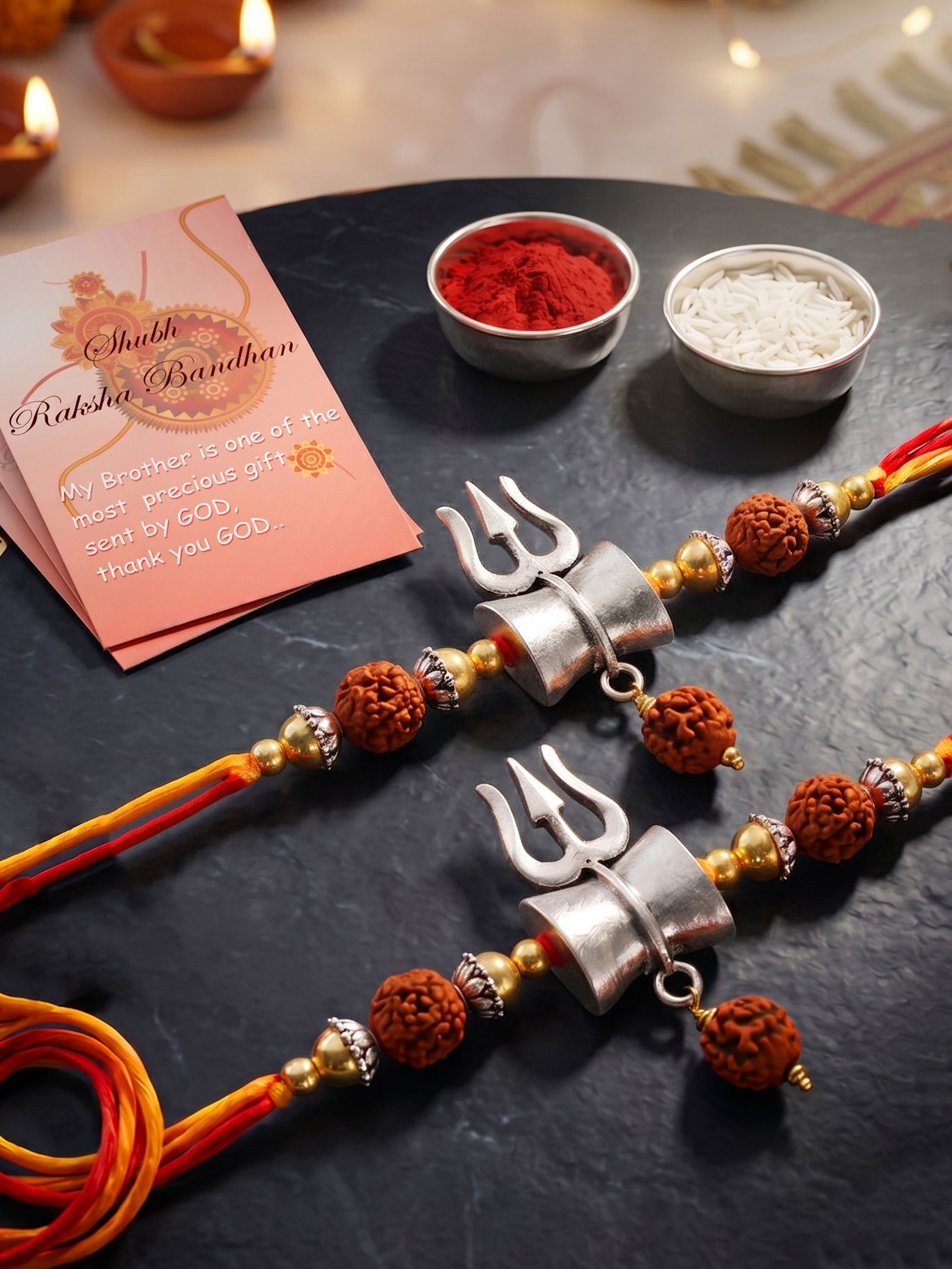 Set of 2 Small Trishul Damaru Pendant Rakhi for Brother with Rudraksha & Gold Beads, Roli Chawal (126-JPR1-1972-S-2-2026)
