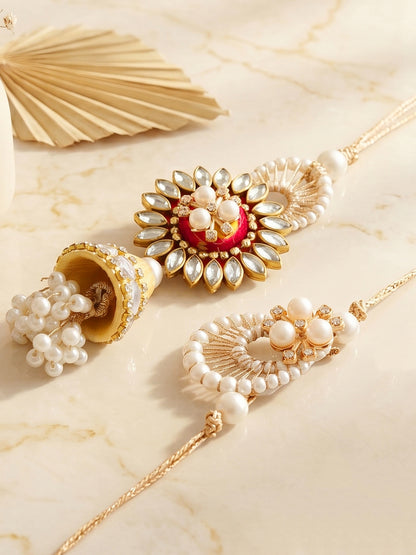 Designer Floral Kundan Bhaiya Bhabhi Rakhi Set | Yellow Jhumki Lumba & White Stone Beaded Rakhi (240-S7R1-PJ7402-M)