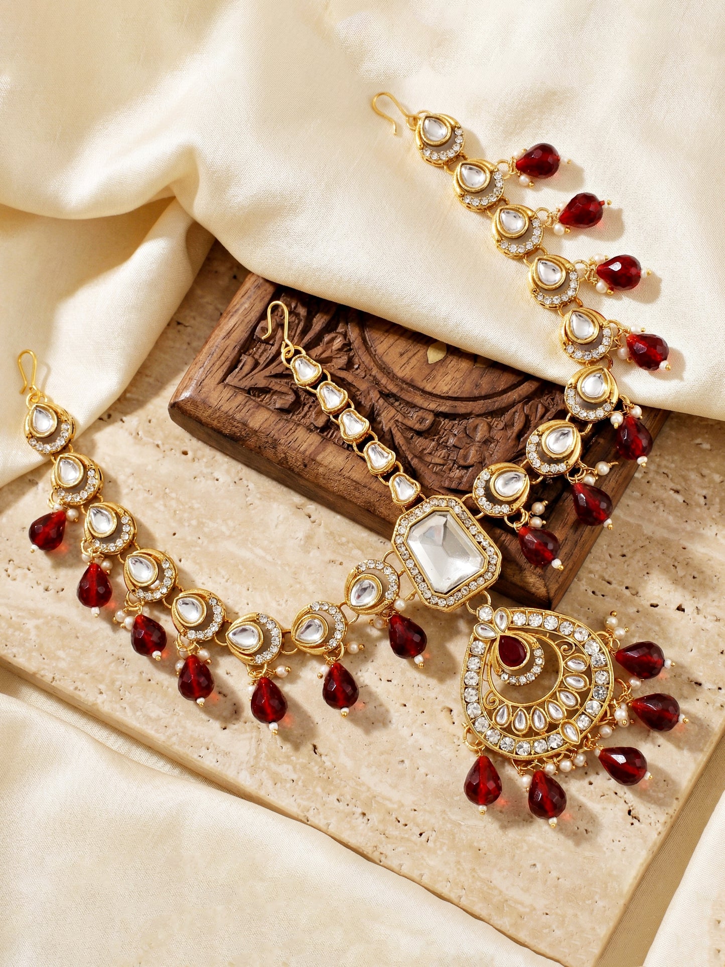 Bridal AD Maroon Stone Heavy Choker Jewellery Set with Sheesh Patti, Nath & Jhumka (3300-M8ZK-1106-M)