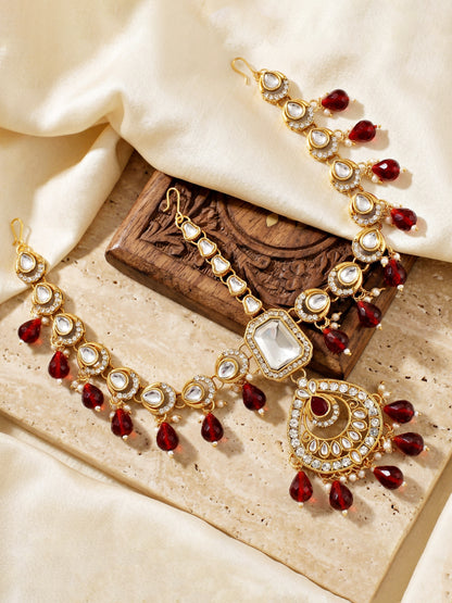 Bridal AD Maroon Stone Heavy Choker Jewellery Set with Sheesh Patti, Nath & Jhumka (3300-M8ZK-1106-M)
