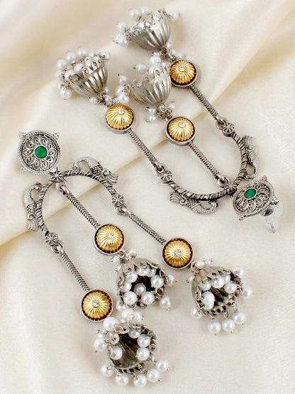 LUCKY JEWELLERY Oxidised Silver & Gold Kashmiri Jhumka Earrings with Ruby & Green Beads (654-KEO-20825-G-SG)