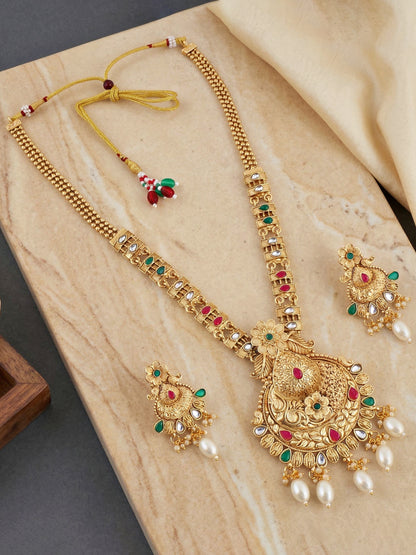 Lucky Jewellery Gold-Plated Ruby & Green Color Long Necklace Set (660-G2SR-203-RG)