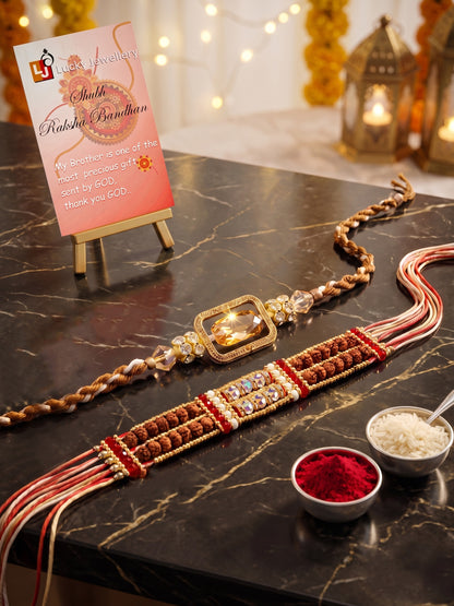 Designer Combo of 2 Rectangular Centerpiece Stone & Rudraksha Style Rakhi by Lucky Jewellery with Red Accents, Roli & Chawal (174-S7R1-2315-2)