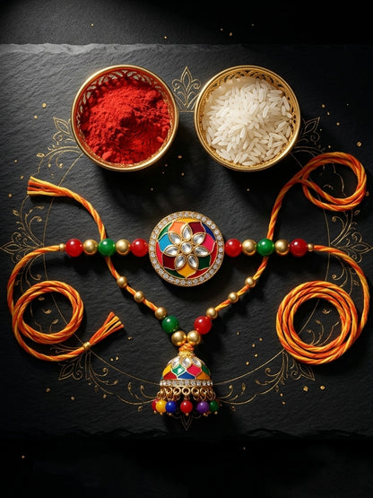 Set of 2 Multicolor Meenakari Bhaiya Bhabhi Rakhi Set With Lumba, Roli, Chawal & Card (325-CHCR1-1152-MT-2-2026)