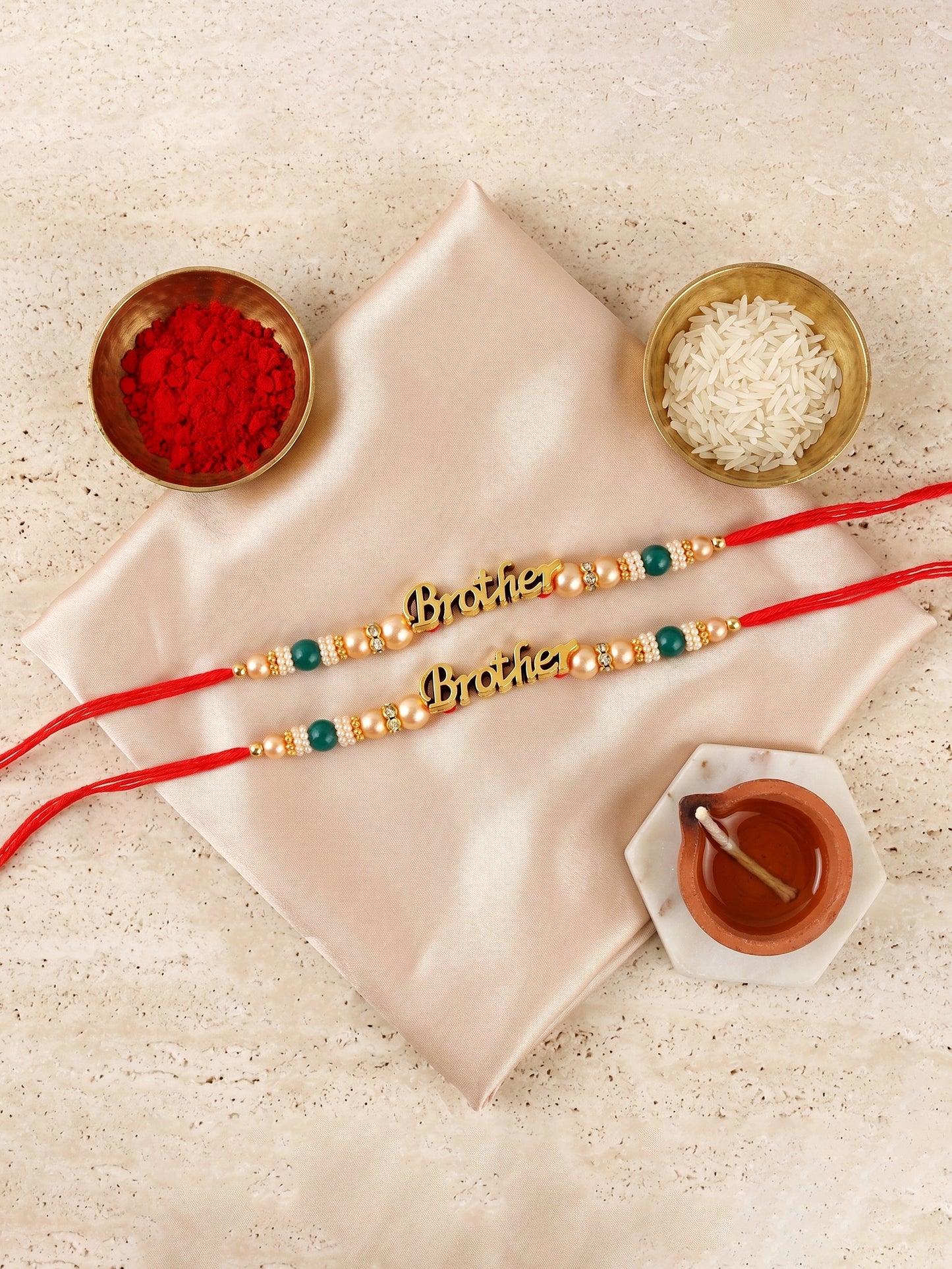 Lucky Jewellery Set of 2 Gold Brother Rakhi with Green Beads, Roli, Chawal & Card (66-CHR1-1964-2-2026)