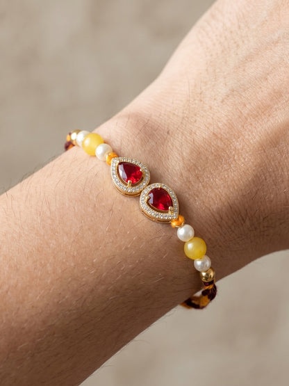 Rakhi for Brother with Maroon drop AD Pendant, White & Yellow Beads, Roli Chawal & Card (176-CHR1-1279-M-1-2026)