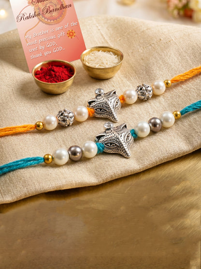 Set of 2 Oxidised Silver Fox Rakhi for Brother with White Beads, Roli Chawal & Card (70-JPR1-1955-2-2026)