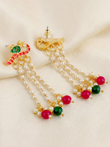 Gold Plated Enamel Bird Moti Layer Long  Earrings with Magenta & Green Beads For Girls & Women (225-KEG-9881-RG)