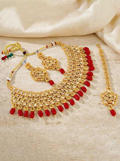 Handcrafted Kundan Maroon Beaded Choker Jewellery Set with Maang Tikka, 18K Gold Plated (842-B5SP-005-M)