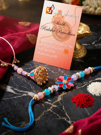 Set of 2 Designer Floral Bhaiya Bhabhi Rakhi Set with Meenakari Jhumki Lumba, Roli, Chawal & Card (240-CHCR1-1146-PKB-2-2026)