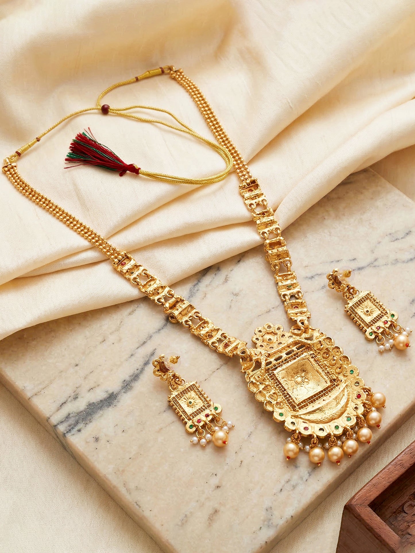 Lucky Jewellery Gold-Plated Ruby & Green Color Long Necklace Set (732-G2SR-192-RG)