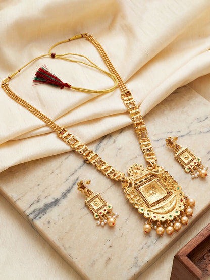 Lucky Jewellery Gold-Plated Ruby & Green Color Long Necklace Set (732-G2SR-192-RG)