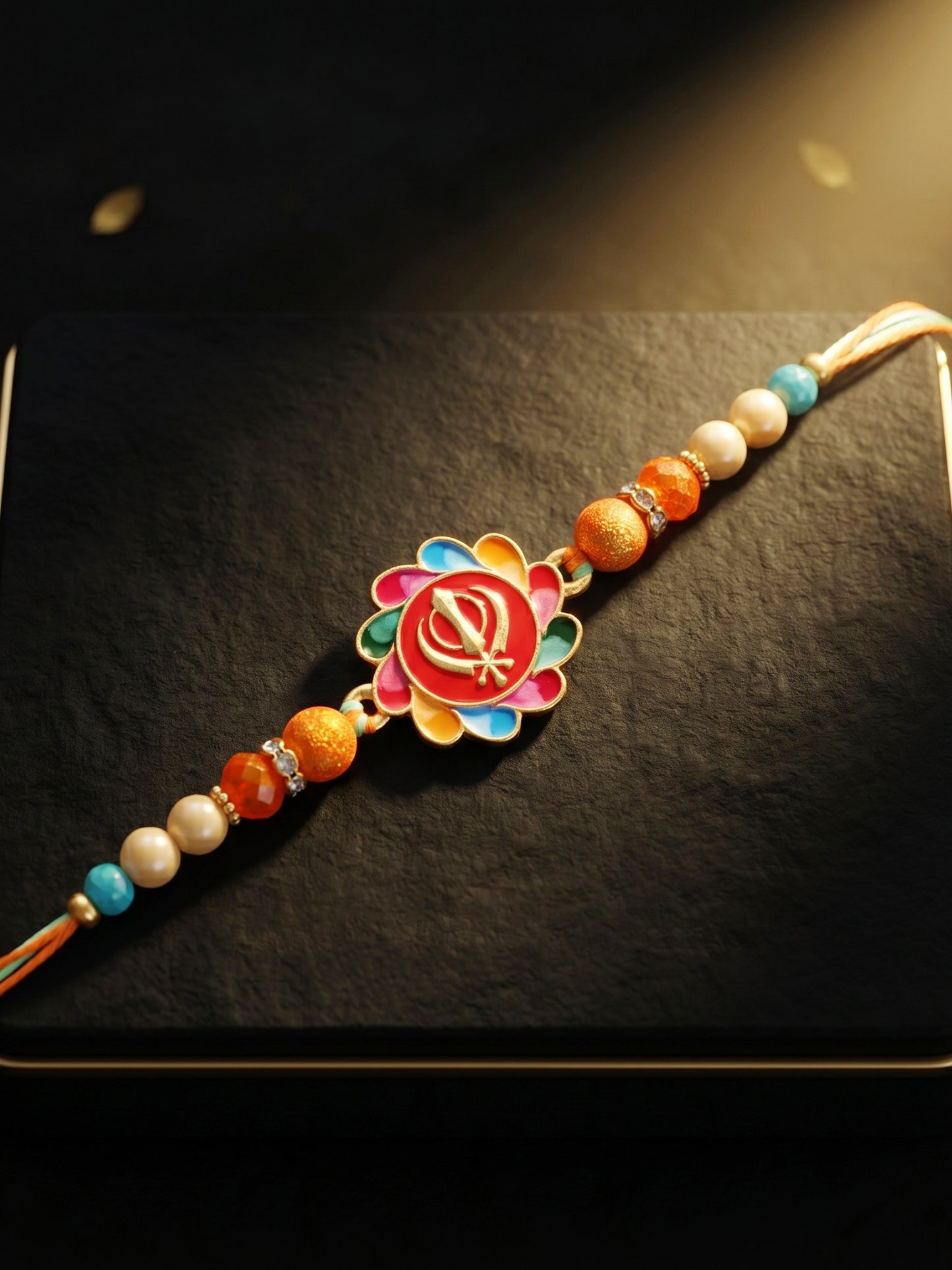 Khanda Sahib Punjabi Sikh Symbol Beaded Rakhi for Brother With Roli Chawal & Greeting Card (102-S5R1-JMD0215)