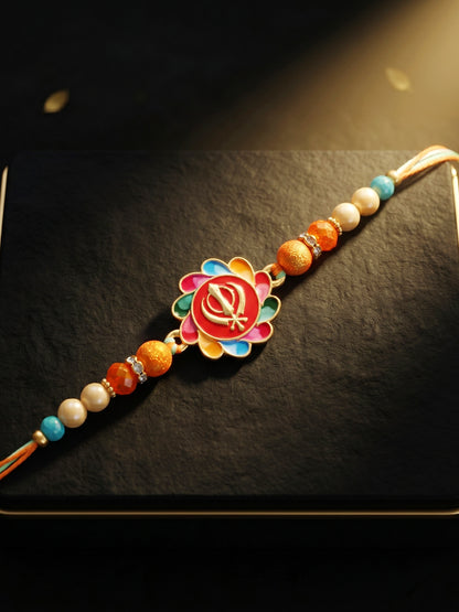 Khanda Sahib Punjabi Sikh Symbol Beaded Rakhi for Brother With Roli Chawal & Greeting Card (102-S5R1-JMD0215)