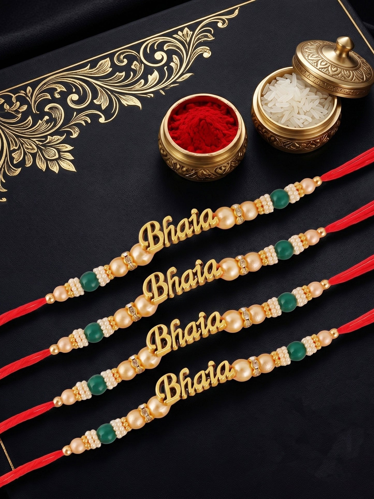 Set of 4 Gold Bhaia Rakhi for Brothers with Green & Beads, Roli Chawal & Card (94-CHR1-1965-4-2026)