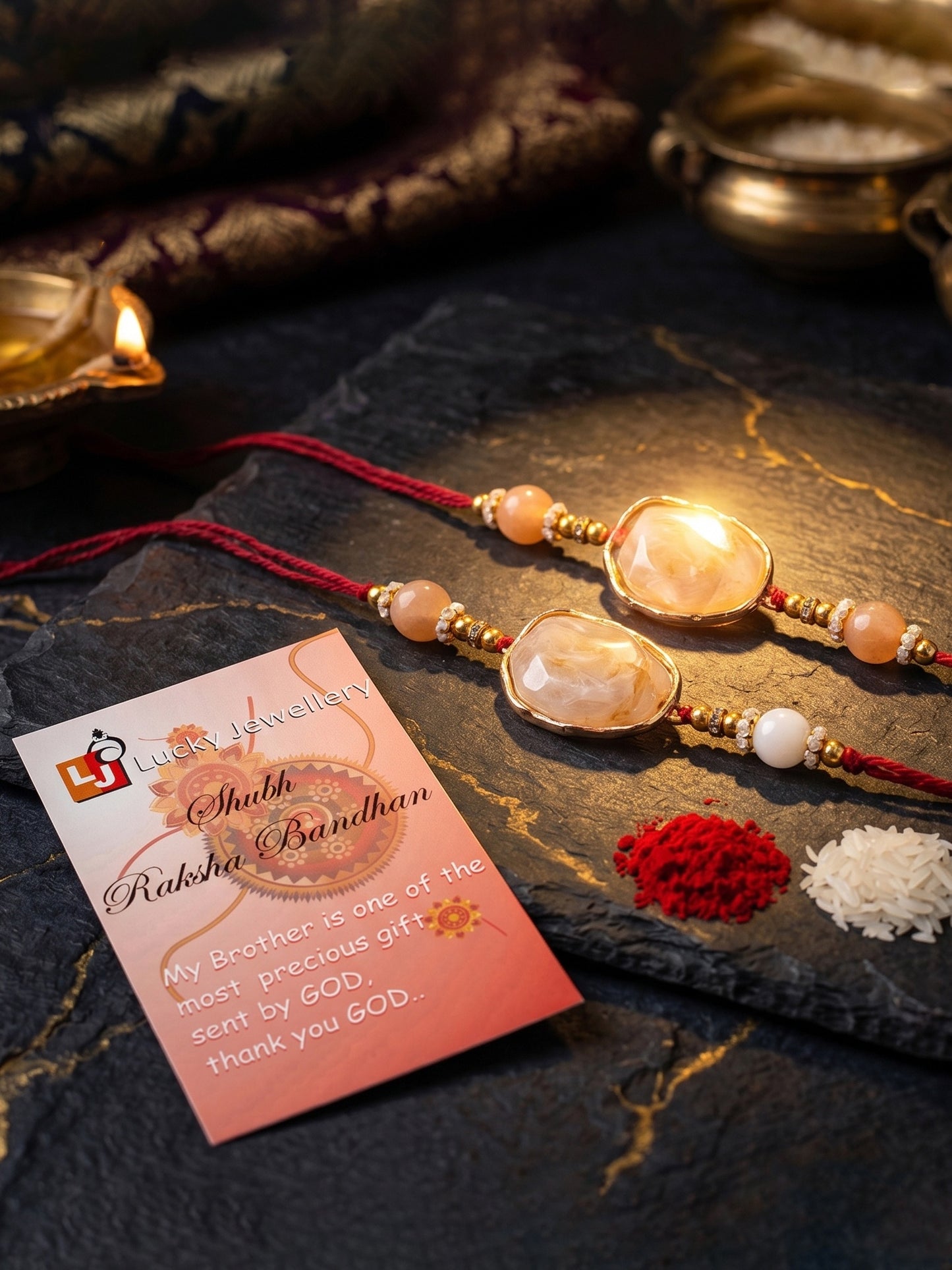 Designer Rakhi Set of 2 for Brothers. Elegant Faux Stone Centerpiece with Beads, Roli, Chawal (240-CHR1-1244-2-2026)