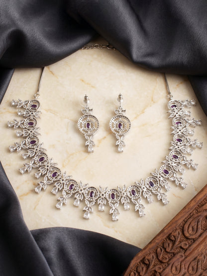 Silver-Tone Purple Stone & American Diamond Necklace Set with Earrings for Women – Office, Party & Function Wear (1717-K4SA-2242-P-S)
