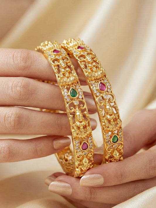 Gold-Plated Laxmi Temple AD Pink Green Bangle (837-C1BG-2205-2)