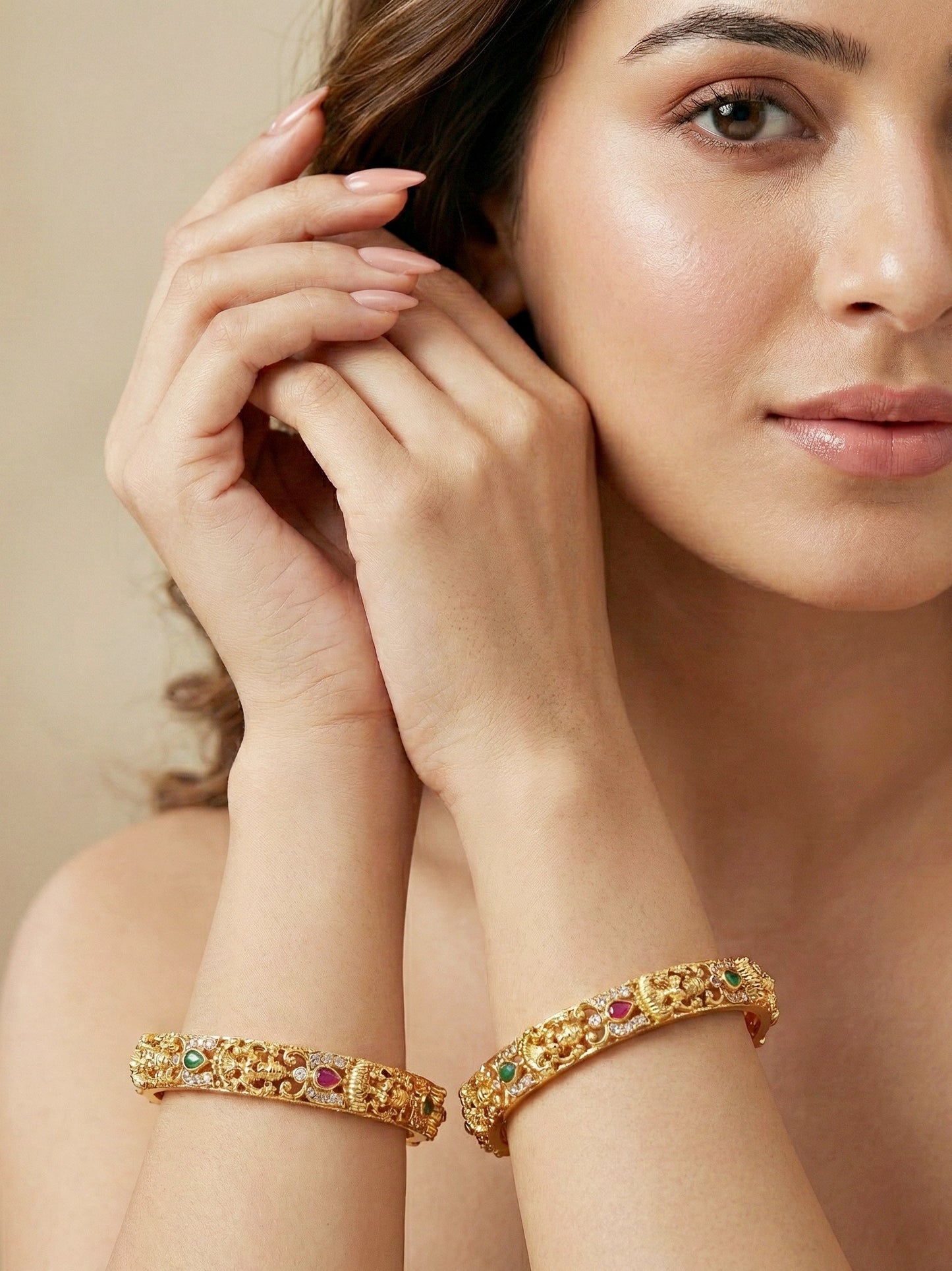 Gold-Plated Laxmi Temple AD Pink Green Bangle (837-C1BG-2205-2)