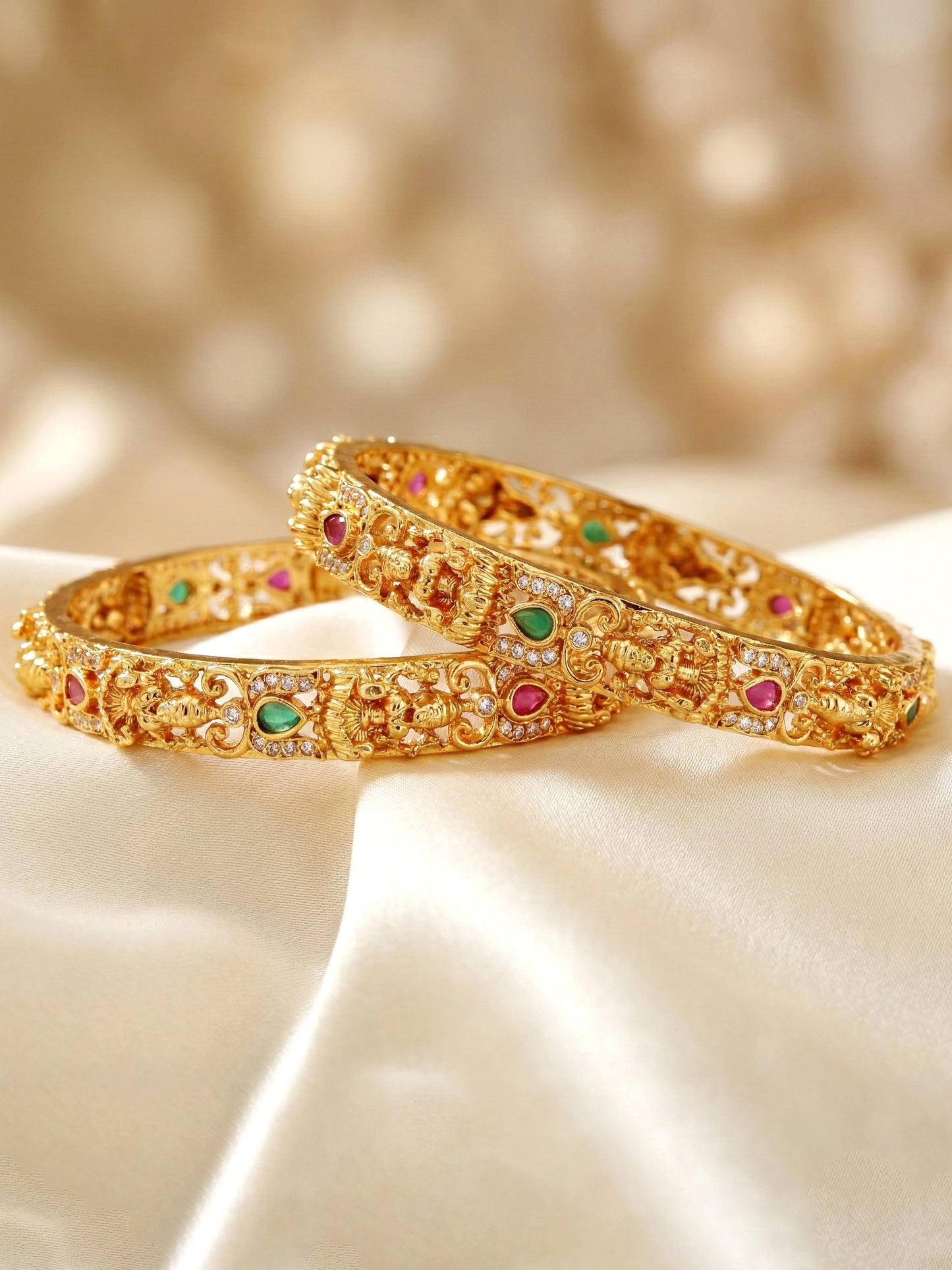 Gold-Plated Laxmi Temple AD Pink Green Bangle (837-C1BG-2205-2)