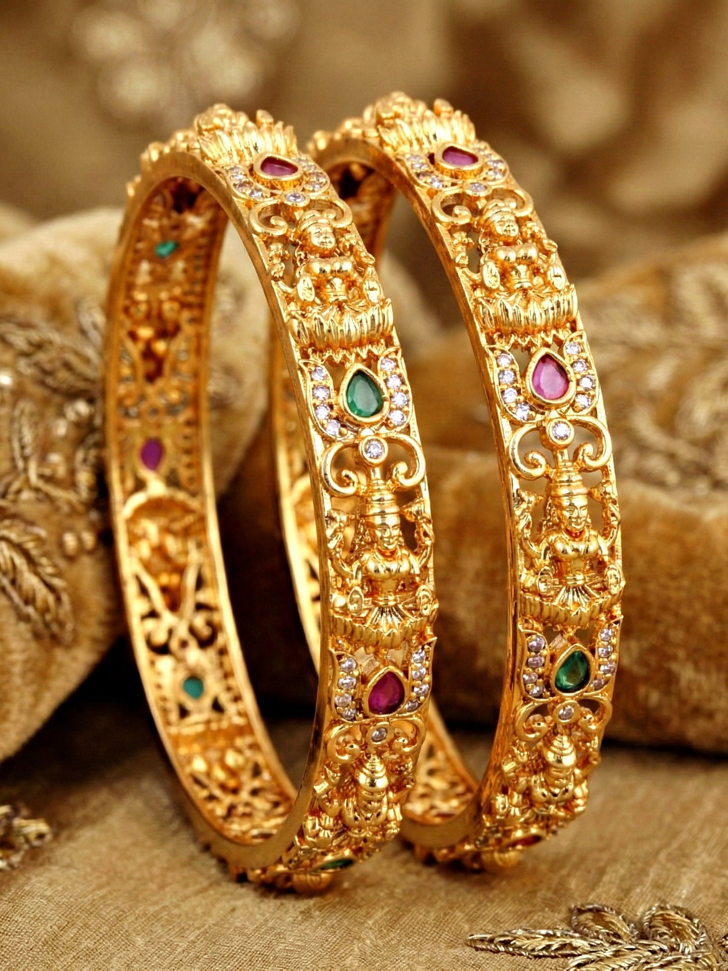 Gold-Plated Laxmi Temple AD Pink Green Bangle (837-C1BG-2205-2)