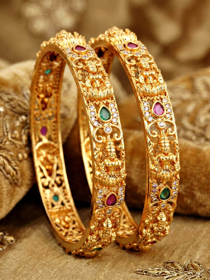Gold-Plated Laxmi Temple AD Pink Green Bangle (837-C1BG-2205-2)