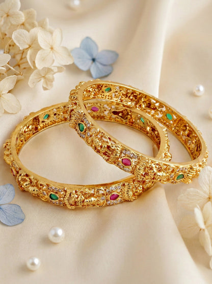 Gold-Plated Laxmi Temple AD Pink Green Bangle (837-C1BG-2205-2)