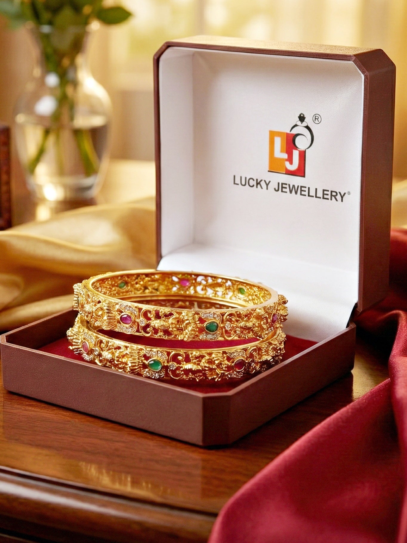 Gold-Plated Laxmi Temple AD Pink Green Bangle (837-C1BG-2205-2)