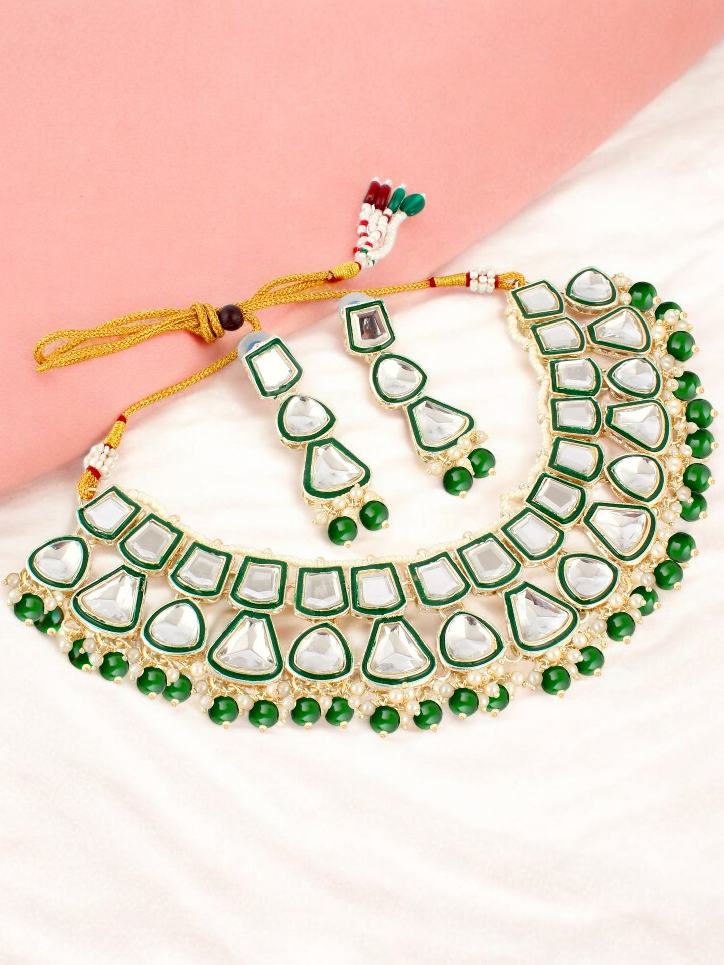 Designer White Gold-Plated Kundan Choker Necklace Set for Women & Girls – Green Meenakari Work(842-ISK-2031-G)