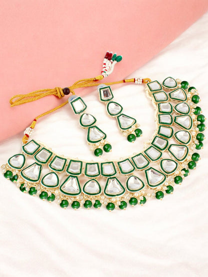 Designer White Gold-Plated Kundan Choker Necklace Set for Women & Girls – Green Meenakari Work(842-ISK-2031-G)