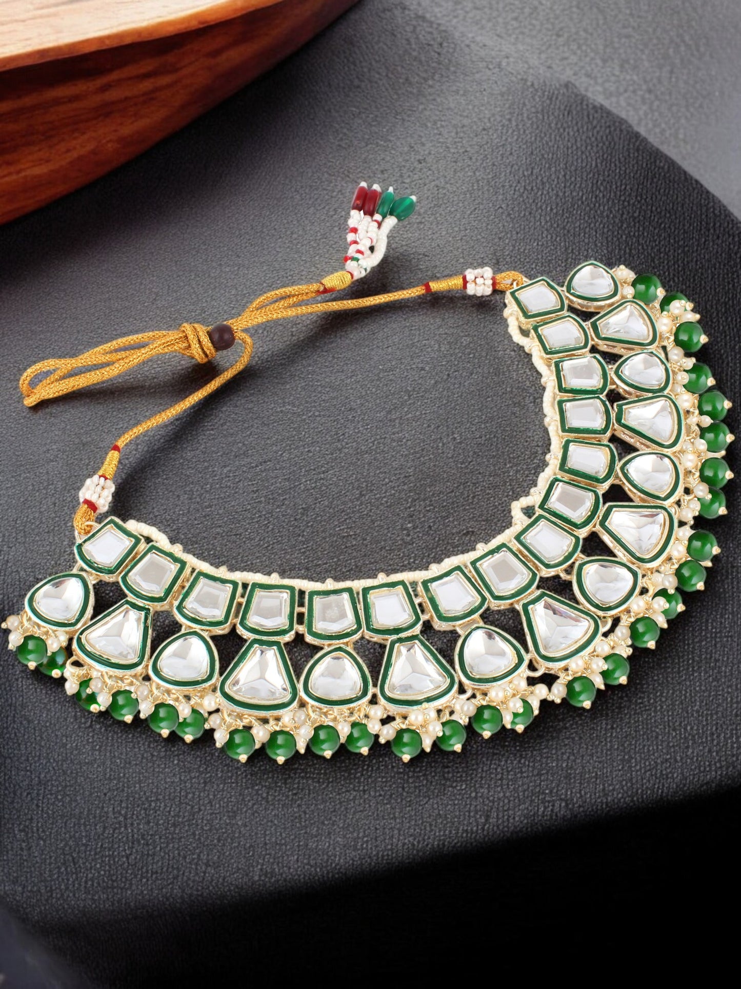Designer White Gold-Plated Kundan Choker Necklace Set for Women & Girls – Green Meenakari Work(842-ISK-2031-G)