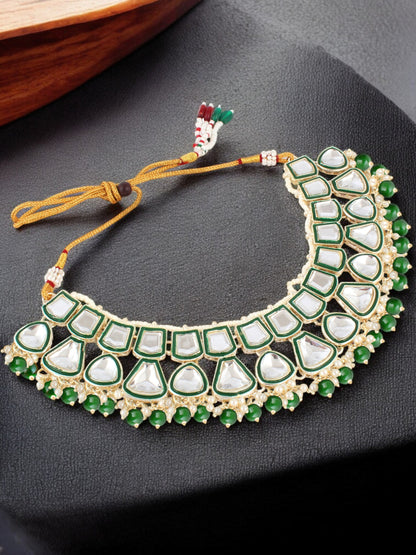 Designer White Gold-Plated Kundan Choker Necklace Set for Women & Girls – Green Meenakari Work(842-ISK-2031-G)