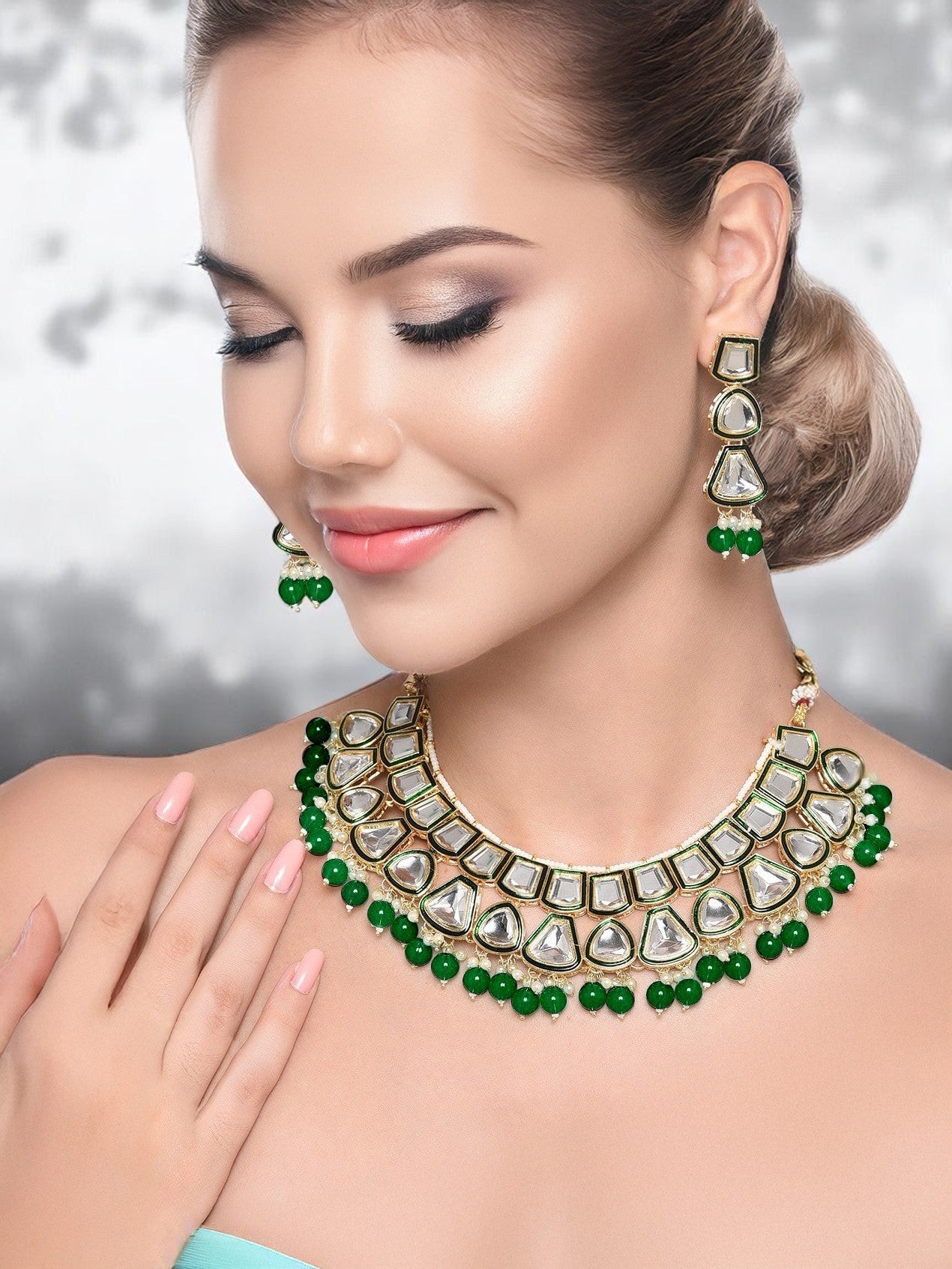 Designer White Gold-Plated Kundan Choker Necklace Set for Women & Girls – Green Meenakari Work(842-ISK-2031-G)