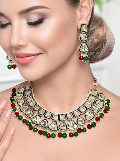 Designer White Gold-Plated Kundan Choker Necklace Set for Women & Girls – Green Meenakari Work (842-ISK-2031-MG)