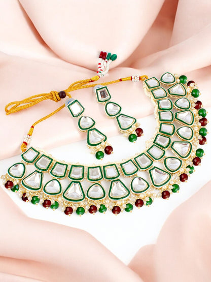 Designer White Gold-Plated Kundan Choker Necklace Set for Women & Girls – Green Meenakari Work (842-ISK-2031-MG)