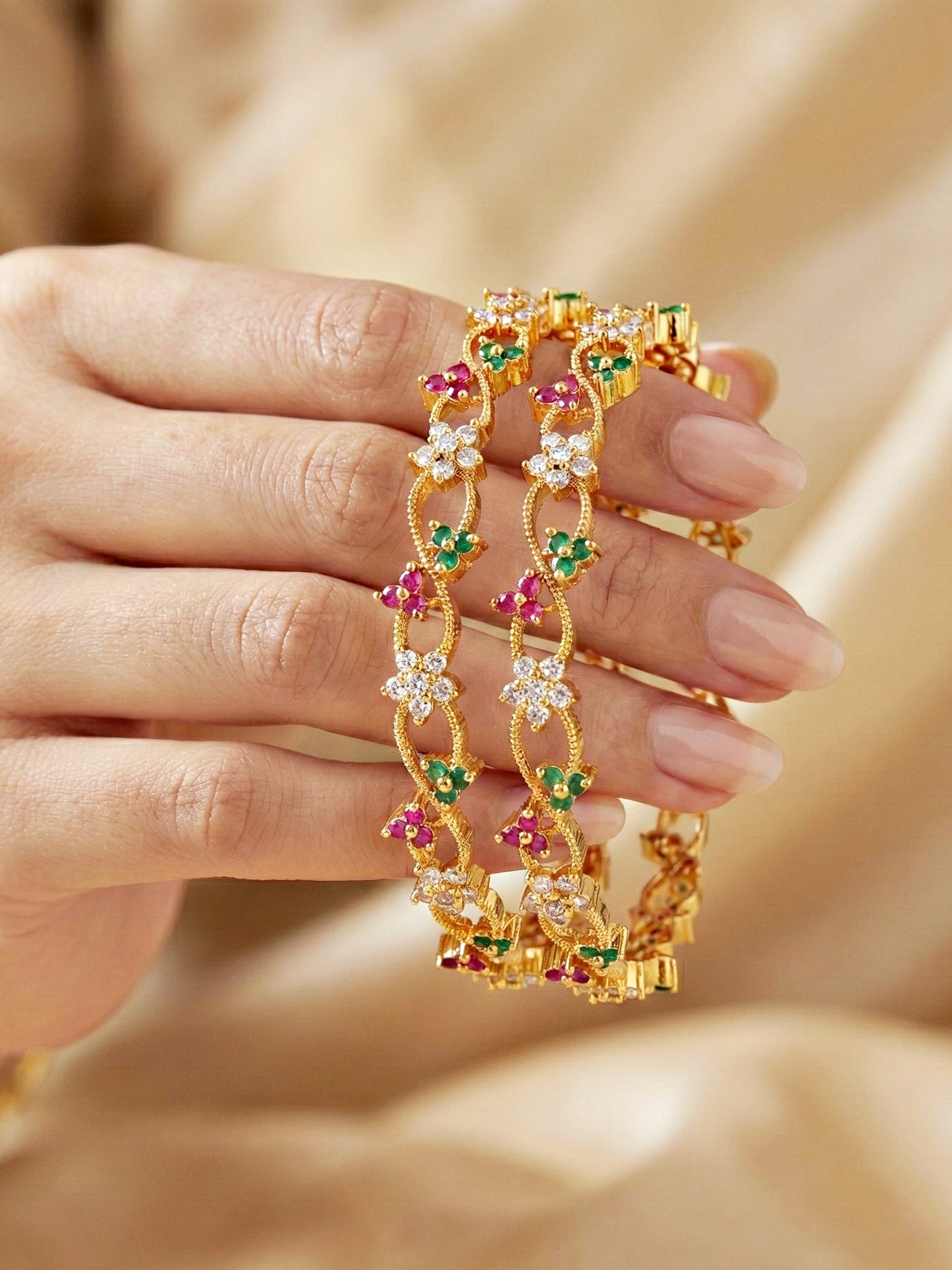 Gold-Plated Floral Twist AD Pink Green Bangle (847-C1BG-2206-2)