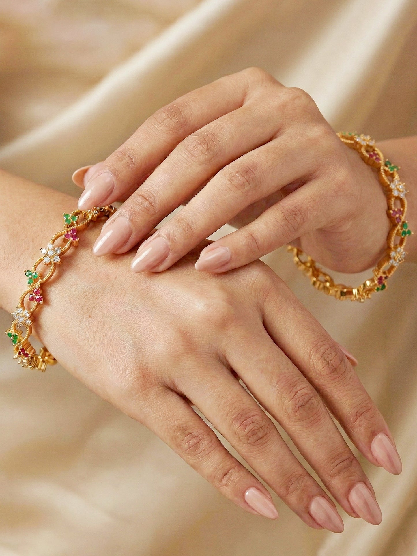 Gold-Plated Floral Twist AD Pink Green Bangle (847-C1BG-2206-2)